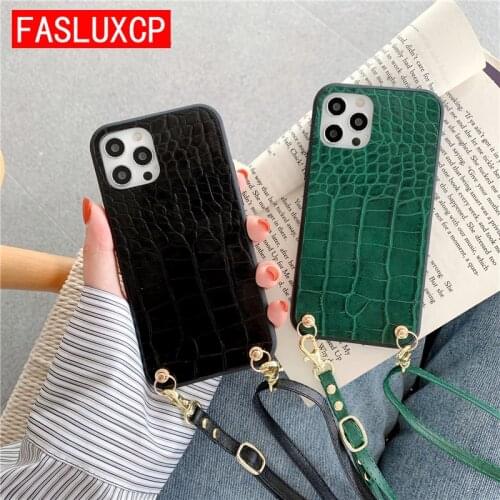Crossbody Shoulder Strap Luxury Crocodile Pattern Leather Hard Back Case for iPhone 12 Pro Max 8 Plus 7 X XR XS 11 12 Mini Cover