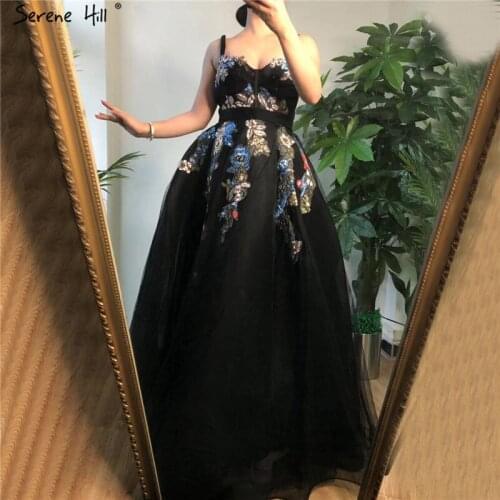 Serene Hill Black Sexy Handmade Flowers Sequies Prom Dress 2020 Sleeveless A-Line Long Formal Evening Gown CLA70276
