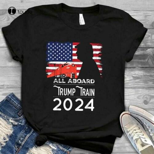 All Aboard Trump Train 2024 American Flag Unisex T Shirt S-5XL Black mens big & tall t-shirts