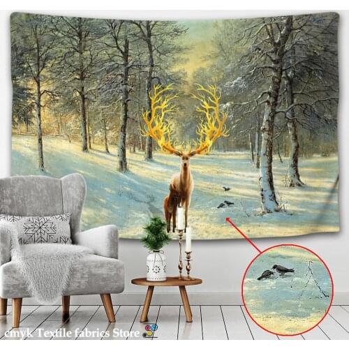 Dormitory Tapestry Deer Snowy Woods Moon Golden Deer Wall Hanging Tapestries Carpet Decor Wall Cloth Beach Towel Home Tapestry