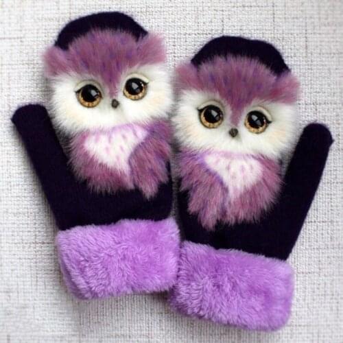 Hot Winter Knit Gloves Cute 3D Fluffy Cartoon Animal Decor Thickened Plush Lining Windproof Thermal Warm Mittens