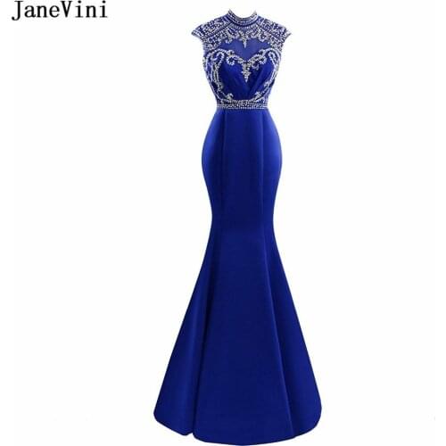 JaneVini Sexy Royal Blue Satin Mother of The Bride Dresses Mermaid High Neck Luxury Beading Backless Women Evening Party Gowns