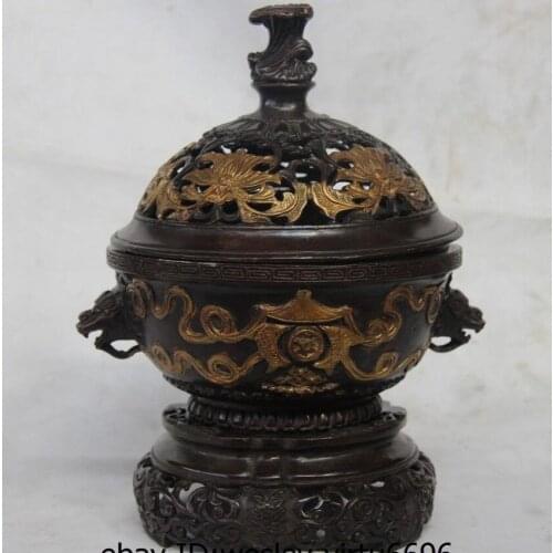 China Old Bronze Copper Carved Eight treasures Dragon Head Incense Burner Censer