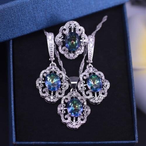 Dubai luxury style rainbow CZ Silver Color Jewelry earrings necklace ring set for women the best wish gift for women