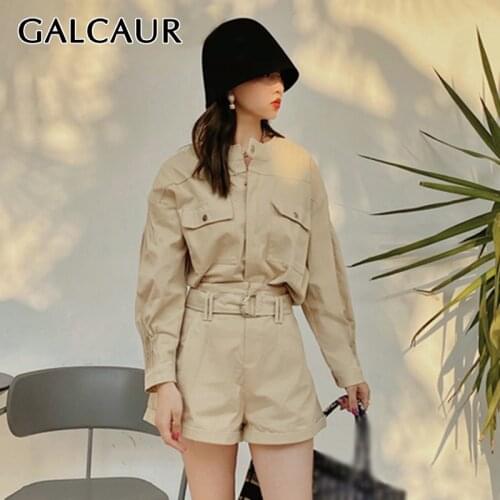 GALCAUR Solid Safari Two Piece Set For Women Stand Collar Lantern Sleeve Top High Waist Lace Up Shorts Casual Sets Female 2021