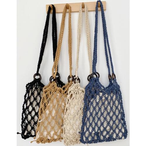 Summer Cotton Thread Knit Women Handbags Ladies Net Hollow Tote Bag Female Woven Shoulder Bag Beach Bag Set Whole Sale