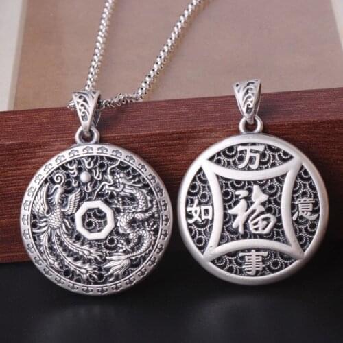 2021 Fashion New Solid s999 Silver Dragon and Phoenix Pendant Filigree Safe Buckle Man and Woman Lucky Charm Pendant