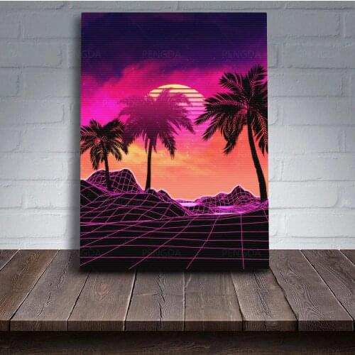 Modular Neon Pictures Dusk Canvas Painting Prints Synthwave Tropical Scenery Poster Home Decoration Wall Art Living Room Framed