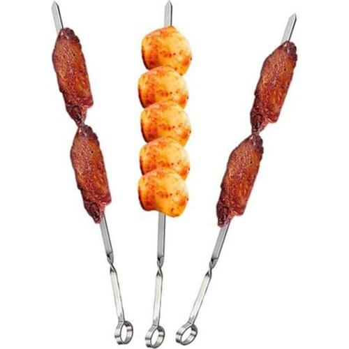 Long Stainless Steel BBQ Grill Bar Sticks Set with Handle Reusable Barbecue Skewers Set of 10