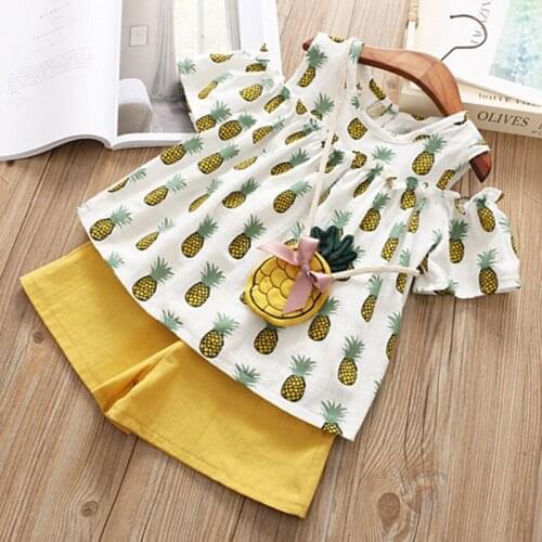 Girls Clothes Kids Clothing 2021 Summer New Fashion Cotton Suit Children Pineapple Top & Shorts Girls Clothing Set (Free Bag)