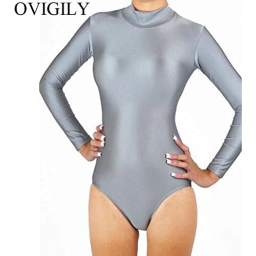 OVIGILY Womens Gray Leotard Mock Neck Long Sleeve Gymnastics Leotards For Adults Spandex Dancewear Bodysuits Teams Stage Tops