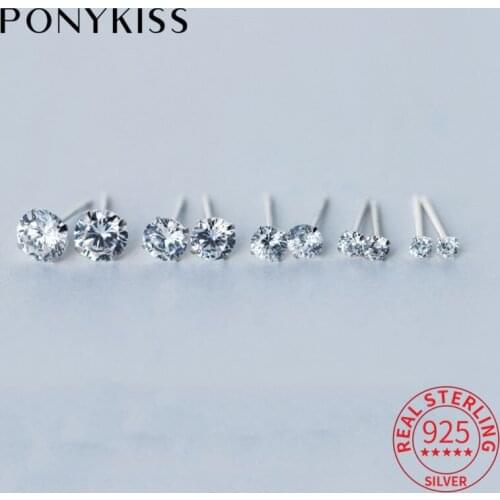 PONYKISS Classic S925 Sterling Silver 2-7mm Round Zircon Stud Earrings for Women Party Fine Jewelry Accessory wholesale Gift
