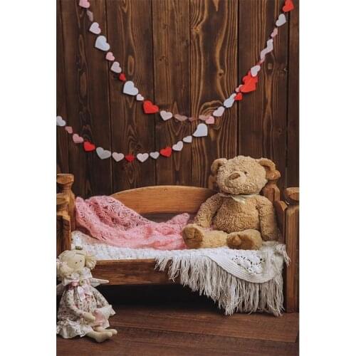 New Born Baby Photography Backdrops Brown Wooden Floor Wall Cot Cute Bear Vinyl Cloth Background for Photo Studio Kids Customize
