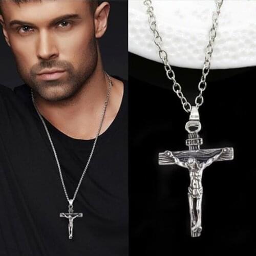 Vintage Cross Necklace For Men Big Jesus Pendant With Long Chain Silver Color Crucifix Necklaces Male Religious Jewelr Wholesale
