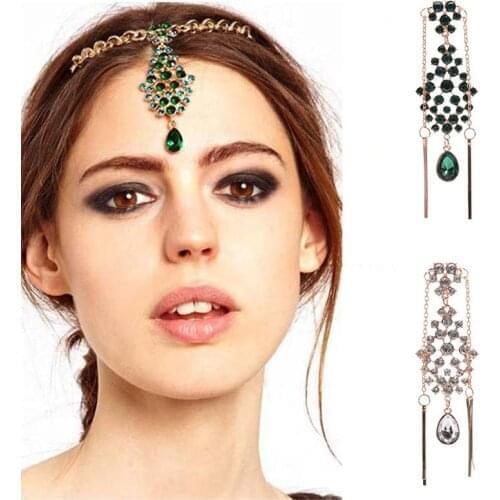 Bride Hair Pin Green Crystal Head Chain Rhinestone Wedding Pageant Headpiece Indian Forehead Hair Jewelry For Women Party