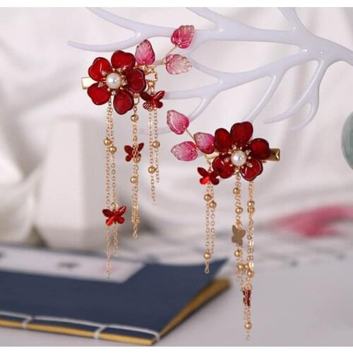 1pair Exquisite Crystal Red Flower Hairclip Retro Chinese Dress Headwear Long Butterfly Tassels Hair Clip Bride Tiaras EA