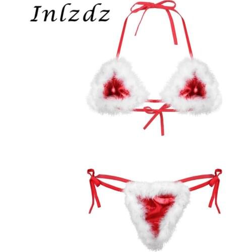Womens Christmas Costumes Santa Bikini Erotic Lingerie Set White Feather Trimmed Halter Neck Tie-on Bra Top and G-string Briefs