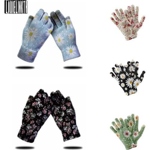 3D Printed Flower Knitted Gloves Women Working Garden Gloves Little Daisy High Quality Mittens Touch Screen Mobile Phone Gloves