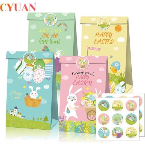 12pcs Happy Easter Kraft Paper Bag Rabbit Eggs Gifts Wrapping Bags Easter Party Favors Packaging Bags Easter Decoration for Home