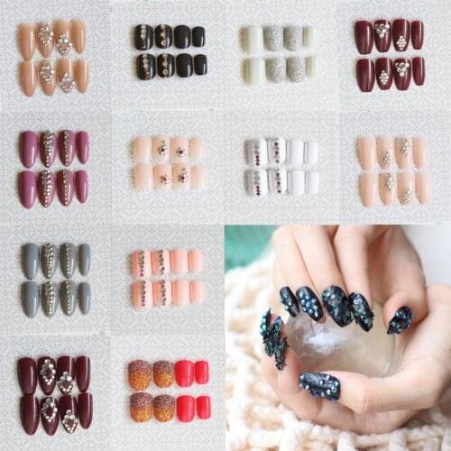 24pcs Fashion Full Diamond Crystal High Heels Candy Color Round Flat Head Fake Nails