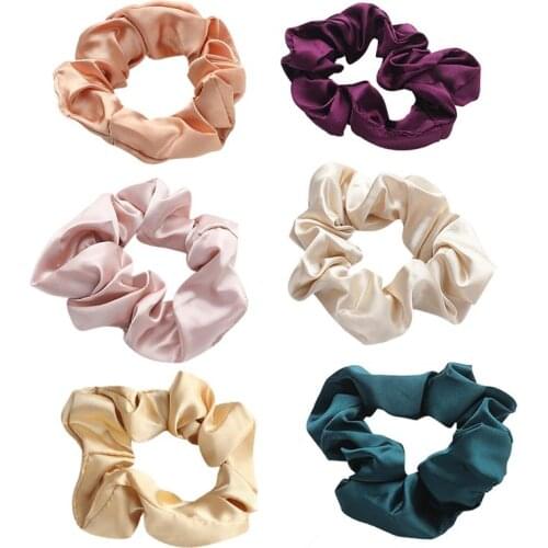 6PCS Faux Silk Elastic Hair Scrunchies Solid Color Bobble Scrunchies Hair Ties Solid Color Women Girls Headwear