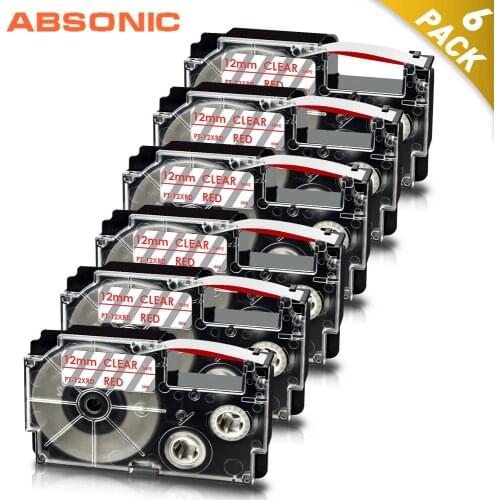 Absonic 6PK 12mm for Casio Label Tape Red on Clear XR-12XRD XR12XRD XR 12XRD Compatible for Casio Label Maker KL-60 120 750 7200