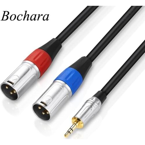 Bochara Gold Plated 3.5mm Stereo Jack Male to Dual XLR Male OFC Aux Audio Cable Foil+Braided Shielded 1m 2m 3m