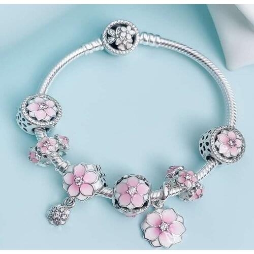 925 Sterling Silver Peach Blossom Series Charm With Peach Blossom Button Bracelet Fit Original Pan Charm Female Diy Jewelry