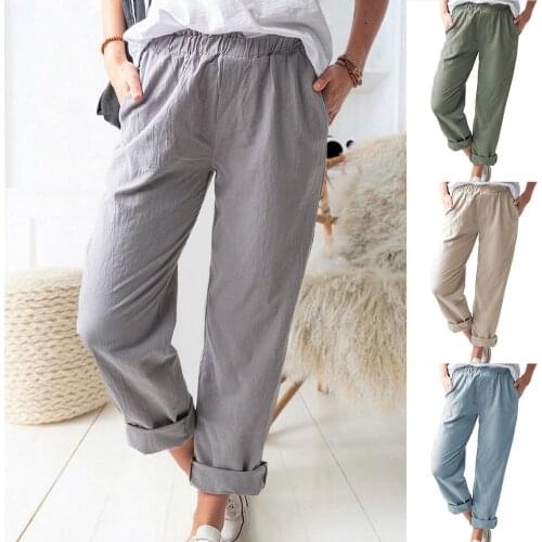Large size cotton and linen trousers womens elastic high waist loose casual womens loose summer pants