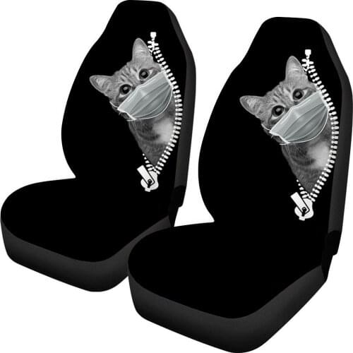 INSTANTARTS Car Seat Covers for Women Girls Black Funny 3D Animal Cat with People Zip Printed 2 Pack Front Seat Protector Covers