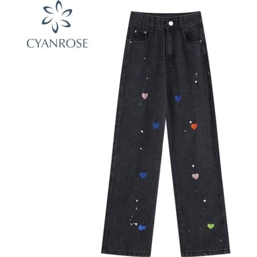 Streetwear Jeans Woman High Waist Harajuku Heart Print 90s Streetwear Trousers Baggy Leg Pants Y2K Mom Boyfriend Denim Pants