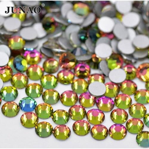 JUNAO SS 6 8 10 12 16 20 30 Rainbow Color Round Glass Nail Rhinestones Sticker Flat Back Crystal Stones Applique Glue On Strass