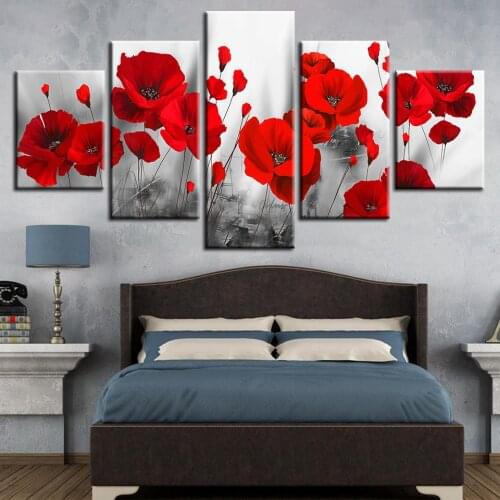 Canvas Printed Pictures Living Room Wall Art Framework 5 Pieces Romantic Poppies Paintings Red Flowers Poster Modular Home Decor