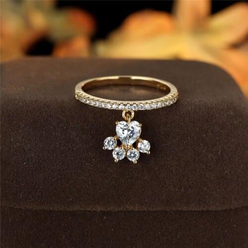 Cute Cat Paw Dog Claw Pendant Ring Vintage Gold Silver Color Animal Footprint Ring White Zircon Love Heart Stone Rings For Women