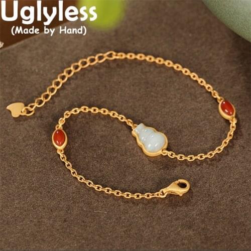 Uglyless Summer Dress Thin Chains Bracelets for Women Natural Agate Jadeite Gourd Bracelets 925 Silver Fashion Ethnic Jewelry