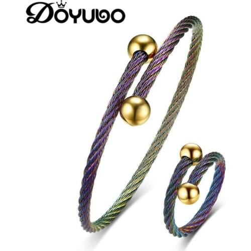 DOYUBO 2019 Stainless Steel Bangle & Ring Jewelry Sets Blue&Green Colorful Torsion Wire Bracelets & Ring Sets New Jewelry DD072