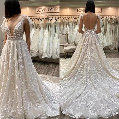 Wedding Sexy Depth V Neck Sleeveless Backless One line Beach Boho Plus Size Bride Dresses Bead Vestido De Noiva robe