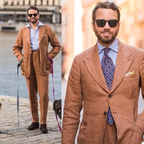 Retro Peaked Lapel Men Blazer Suits Vintage Linen Casual Single Breasted Custom Made Tuxedos Summer Classic Streetwear Jacket
