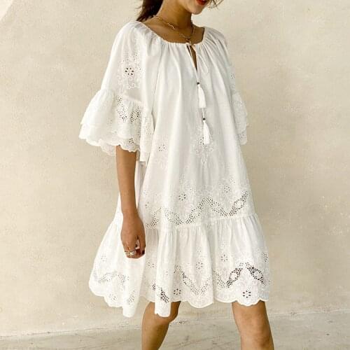 Chic Eyelet Lace Embroidery Mini Dress Ruffle Sleeve Tassle V-Neck Boho Casual Beach Dress Summer Women Clothing 2021