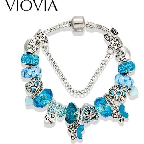 VIOVIA Butterfly Fashion Blue Crystal Beads Bracelets & Bangle Fit Original Charm Bracelets Nice For Women Pulseras Mujer B16100