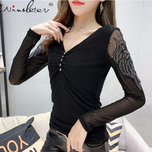 Fashion Leopard Print Tops Women Mesh Patchwork T shirt Thin V-neck Diamonds On Sleeve Slim Stretchy ropa mujer T02708B