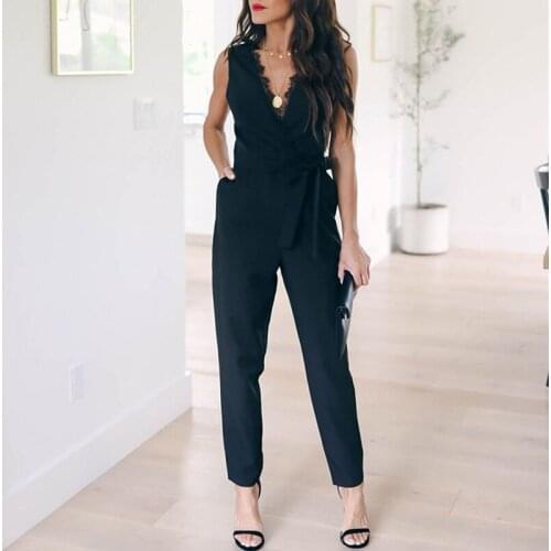 Overalls For Women office daily High Street Jumpsuit Pocket Elegant Lace V Neck Sleeveless Rompers Playsuit