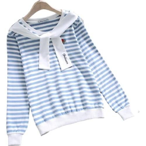 Spring&Autumn Girls Stripe Long Sleeve T Shirt Round Crew Neck Plain Tops For Teens Girls Student Casual Clothing Plus Size