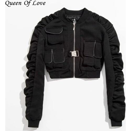 2021 New Autumn Winter Streetwear Ruched Sleeve Crop Top Women Fashion Big Pocket Zipper Motorcycle Jacket Cotton Short Coat