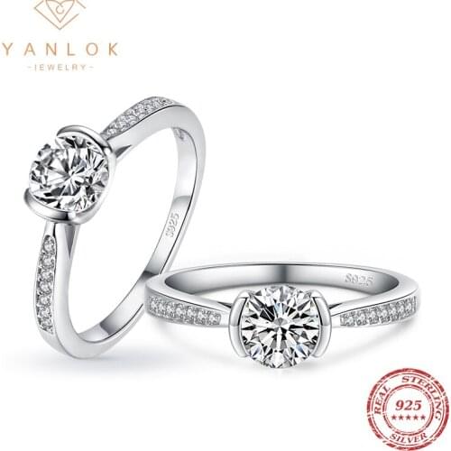 YANLOK Hot Sale 925 Sterling Silver Fashion Round Cut Sparkle Clear CZ Finger Rings For Women Anniversary Gift Fine Jewelry