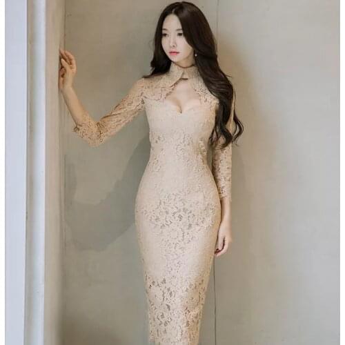 MingJieBiHuo Fashion womens dresses new arrival summer Office lady lace stand collar comfortable transparent solid sexy dress