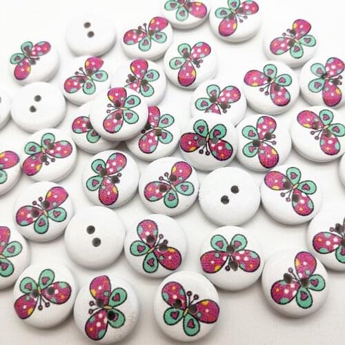 100pcs 15mm Round Wood 2 Holes Painted Butterfly Buttons For Scrapbooking DIY Crafts Sewing Accessories