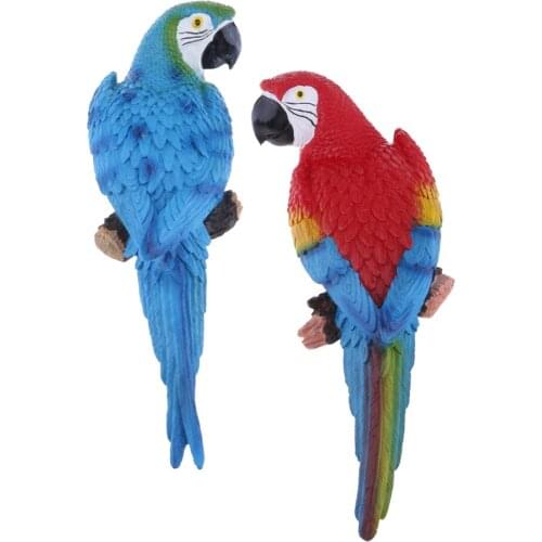 2x Realistic Parrot Resin Bird Animal 31cm Blue Look Right + Red Look Left