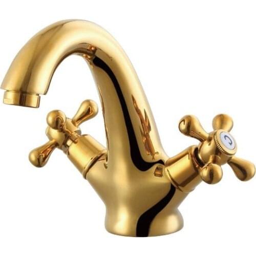 Free shipping Dual handle golden bathroom basin sink faucet with deck mounted brass bathroom basin sink water mixer taps