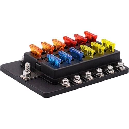 12 Way Blade Fuse Box Holder with LED Warning Light Kit for Auto Car Boat Marine Trike DC 12V 24V with Damp-Proof Cover